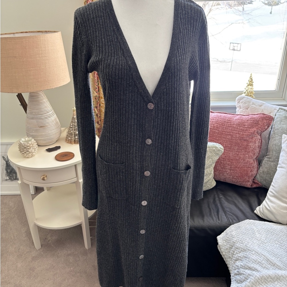 Dark Gray Ribbed Button-Up Cardigan